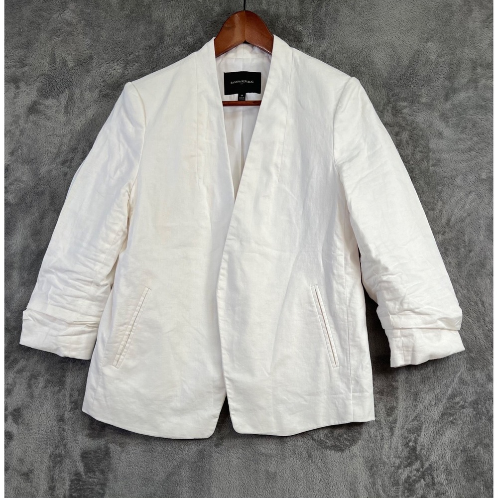 Banana Republic Ruched Sleeve Blazer Womens 14 Off White Open Front Career